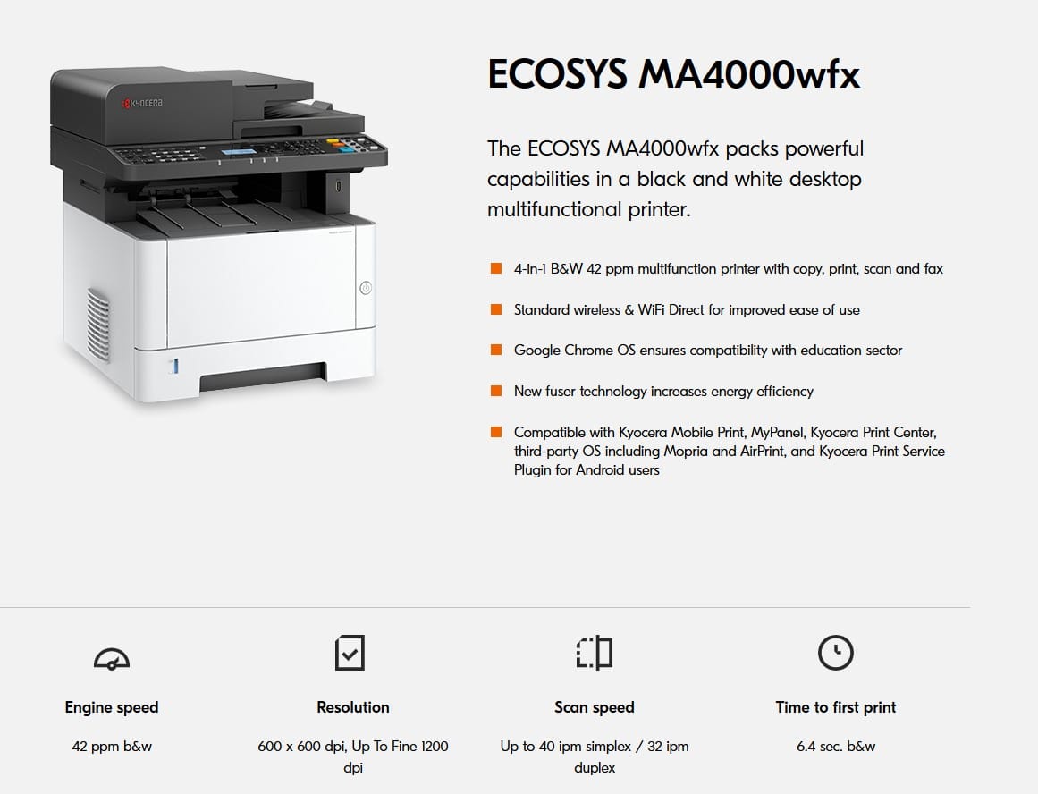 Kyocera ECOSYS MA4000wfx Multifunction Printer Monochrome 110C1C2US0